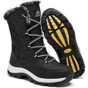 Women’s Black Wheat Strip Waterproof Snow Boots Mid-Calf Faux Fur Lined Non-Slip
